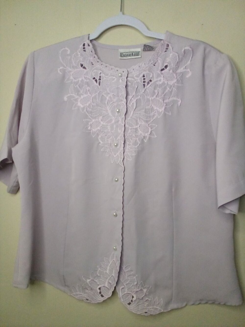 Christie & Jill Blouse Women 14 Vintage Button Up Short Sleeve Embroidery Purple
